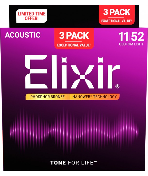 copy of3-Pack Acoustic strings set Nanoweb Phosphor Bronze Custom-Light 11-52