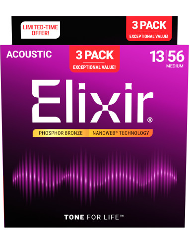 Pack of 3 sets of Nanoweb Phosphor Bronze Light Folk Strings 13-56