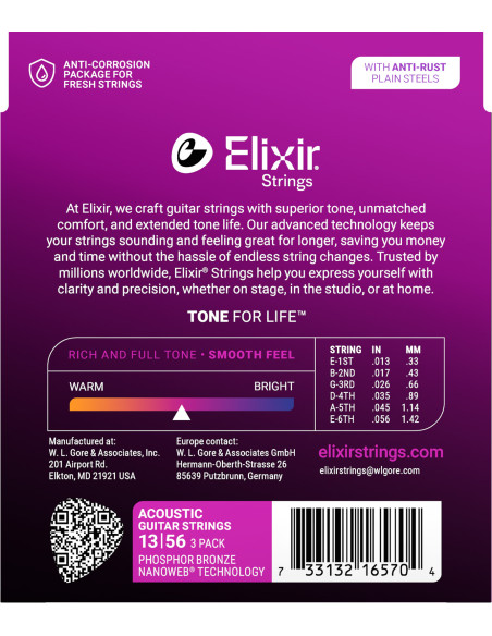 Pack of 3 sets of Nanoweb Phosphor Bronze Light Folk Strings 13-56