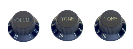 Strat-Style Volume and Tone Knobs (2-Pack), Black with White Letters