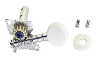 Mécaniques type guitare 2 x 2, pour ukulélé, finition chromée, boutons blancs