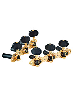 Tuning machine set for classical guitar, Deluxe series, 14:1 ratio, gold plates, ebony-style black buttons
