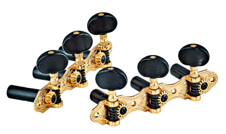 Tuning machine set for classical guitar, Deluxe series, 14:1 ratio, gold plates, ebony-style black buttons