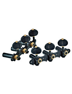Tuning machine set for classical guitar, Deluxe series, 14:1 ratio, black plates, ebony-style black buttons