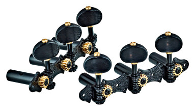 Tuning machine set for classical guitar, Deluxe series, 14:1 ratio, black plates, ebony-style black buttons