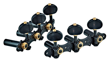 Tuning machine set for classical guitar, Deluxe series, 14:1 ratio, black plates, ebony-style black buttons