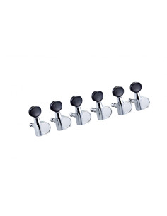 Oil-bath 6-in-line individual tuning machine set for electric guitar, 14:1 ratio, chrome, black buttons
