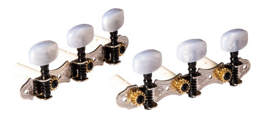 Tuning machine set for classical guitar, Family series, 14:1 ratio, chrome plates, pearl white buttons