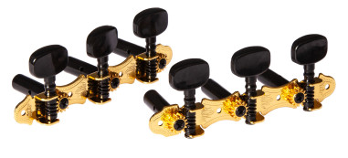 Tuning machine set for classical guitar, Family series, 14:1 ratio, gold plates, black buttons