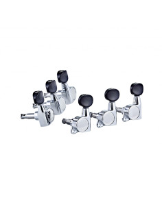 Oil-bath 3+3 individual tuning machine set for electric guitar, 14:1 ratio, chrome, black buttons