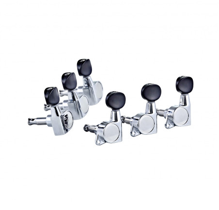 Oil-bath 3+3 individual tuning machine set for electric guitar, 14:1 ratio, chrome, black buttons