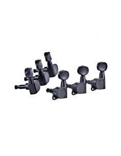 Oil-bath 3+3 individual tuning machine set for electric guitar, 14:1 ratio, gloss black, black buttons