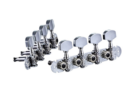 Traditional 2x4 in-line tuning machine set for A-style mandolin, 14:1 ratio, chrome