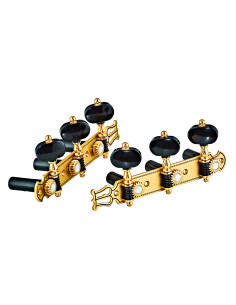 Tuning machine set for classical guitar, Premium series, 18:1 ratio, brushed brass plates, mother-of-pearl inlays, black buttons