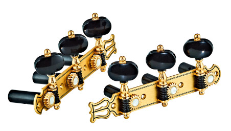 Tuning machine set for classical guitar, Premium series, 18:1 ratio, brushed brass plates, mother-of-pearl inlays, black buttons