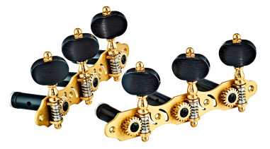 Tuning machine set for classical guitar, Private series, 18:1 ratio, brushed brass plates, ebony-style black buttons