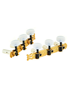 Jeu de mécaniques pour guitare classique série Standard, ratio 14:1, plaques dorées avec lyres, boutons blancs nacrés