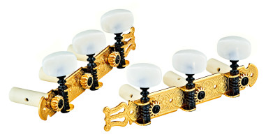 Tuning machine set for classical guitar, Standard series, 14:1 ratio, gold plates with lyre shape, pearl white buttons