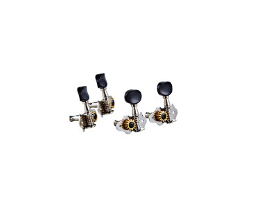 Set of 4 open-gear tuning machines for ukulele, 14:1 ratio, nickel plates, black buttons
