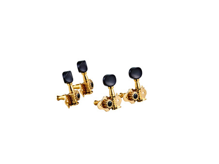 Set of 4 open-gear tuning machines for ukulele, 14:1 ratio, gold plates, black buttons
