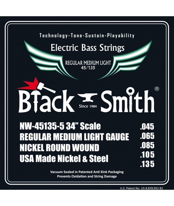 Jeu de 5 cordes Basse Filé rond Nickel Regular medium light 45-135 Long scale